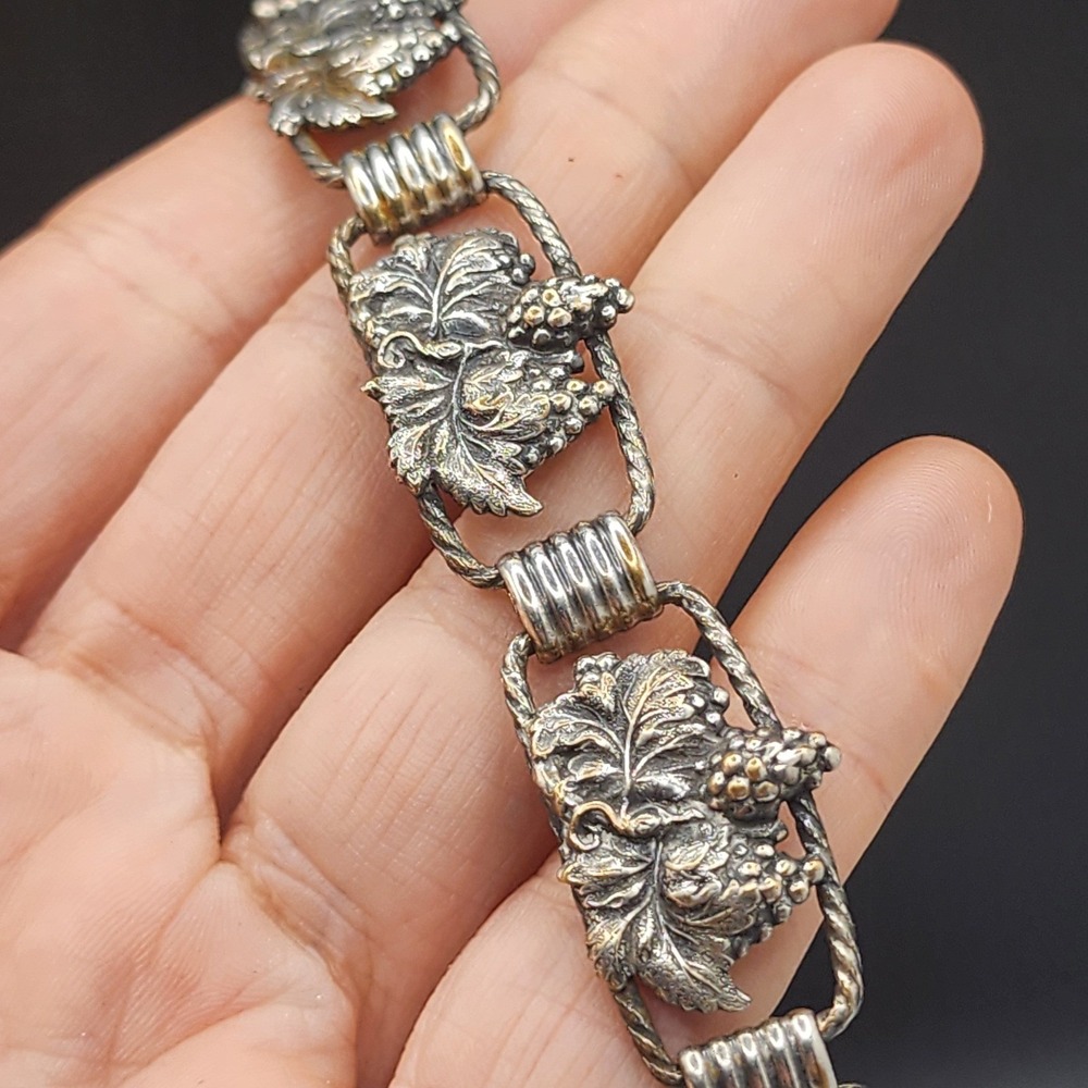 Vintage Estate Bracelet Silver Tone Grape Leaf Link 6.75in